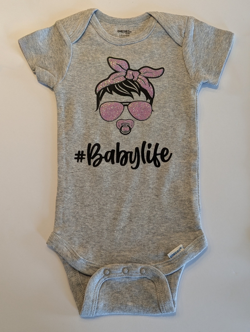 Heather Gray Baby One-Piece with Pink Glitter Graphic - #Babylife